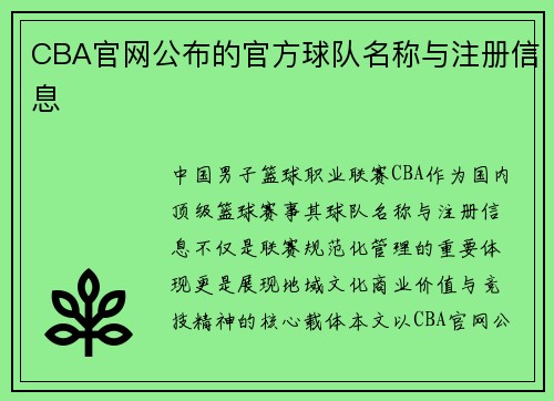 CBA官网公布的官方球队名称与注册信息