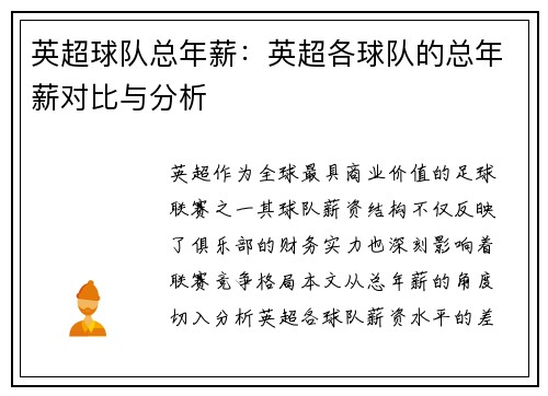 英超球队总年薪：英超各球队的总年薪对比与分析